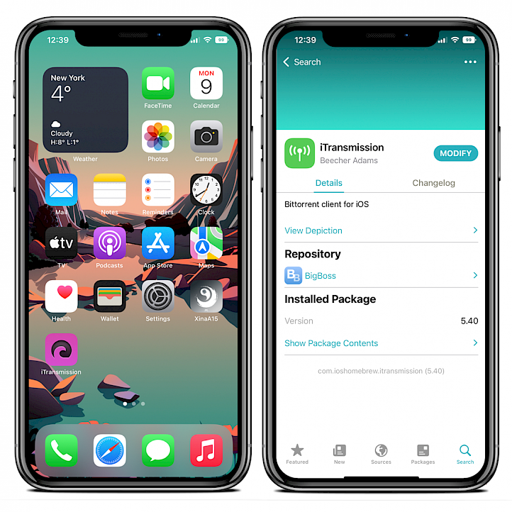 Twee iPhone-schermen met het iTransmission-apppictogram op het startscherm van iOS 15 en de iTransmission Repository.