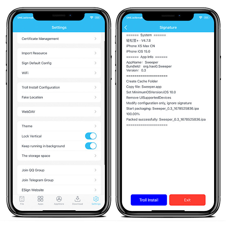 Deux écrans d'iPhone affichant les paramètres de l'application Esign.