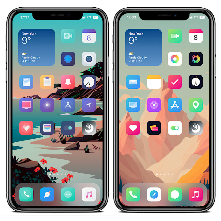 Twee iPhone-schermen met twee SnowBoard-thema's geladen op het startscherm.