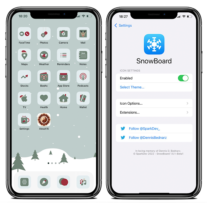 Twee schermen van de iPhone XS Max waarop de SnowBoard-tweak draait op iOS 15 met XinaA15 Jailbreak.