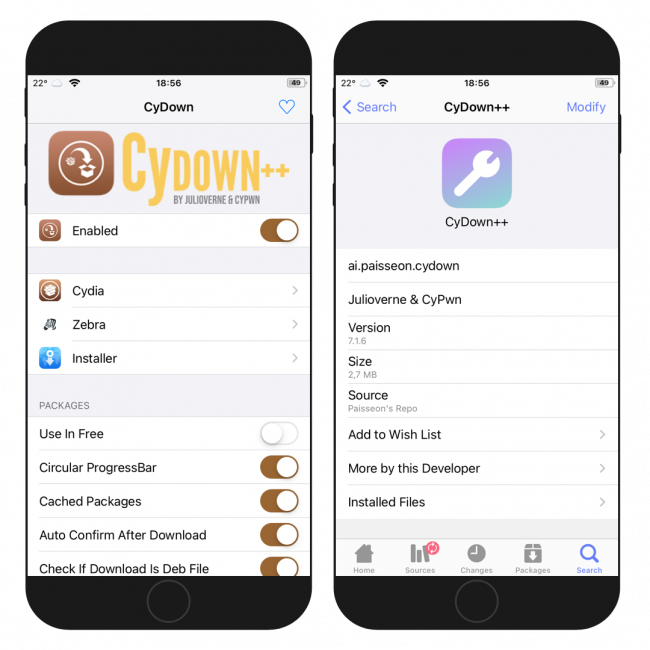 Due schermate di I\phone che mostrano le preferenze di ottimizzazione di CyDown++ e il repository CyDown++.