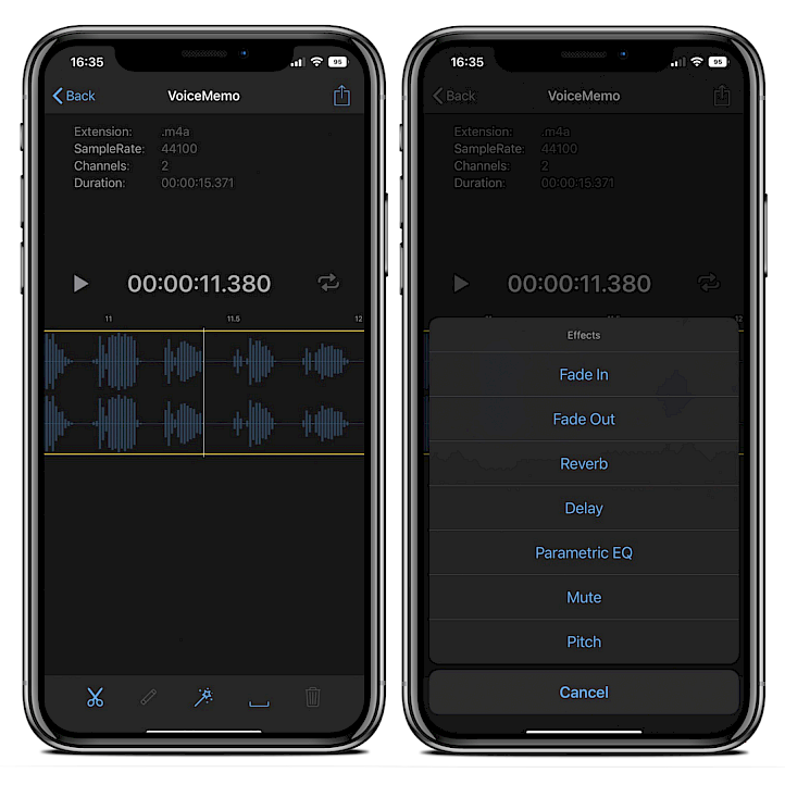 Twee iPhone-schermen met de ingebouwde audiobewerkingshulpmiddelen en effecten van Audio Recorder XS.
