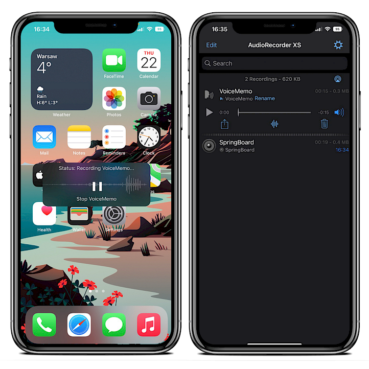 Twee iPhone-schermen met de interface van de AudioRecorder XS-app en de widget voor het opnemen van spraakmemo's.