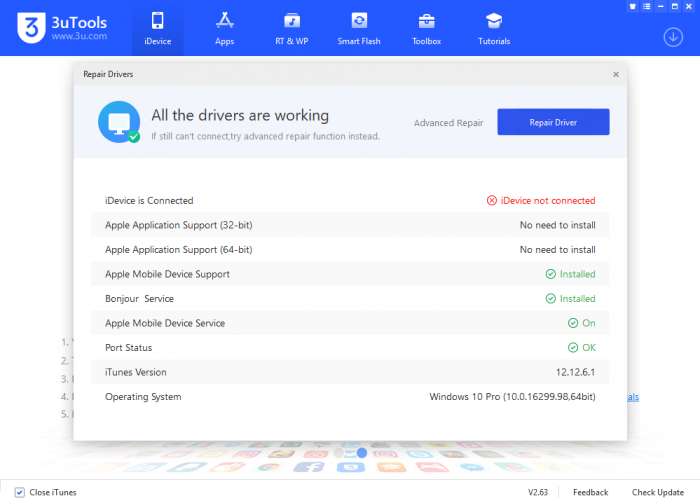 Screenshot del modulo 3uTools Repair Drivers, incluso MobileDevice.dll.