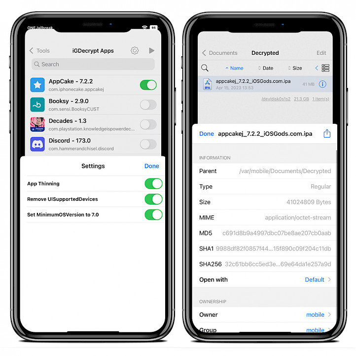 Dos pantallas de iPhone que muestran la herramienta de descifrado de IPA de iGameGod para iOS.