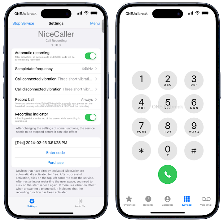 Twee iPhone-schermen met de interface van de NiceCaller voor TrollStore-app.