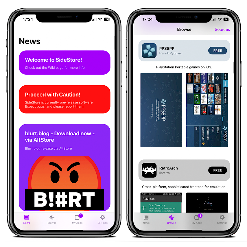 Zwei iPhone-Bildschirme zeigen die SideStore-App unter iOS 15.