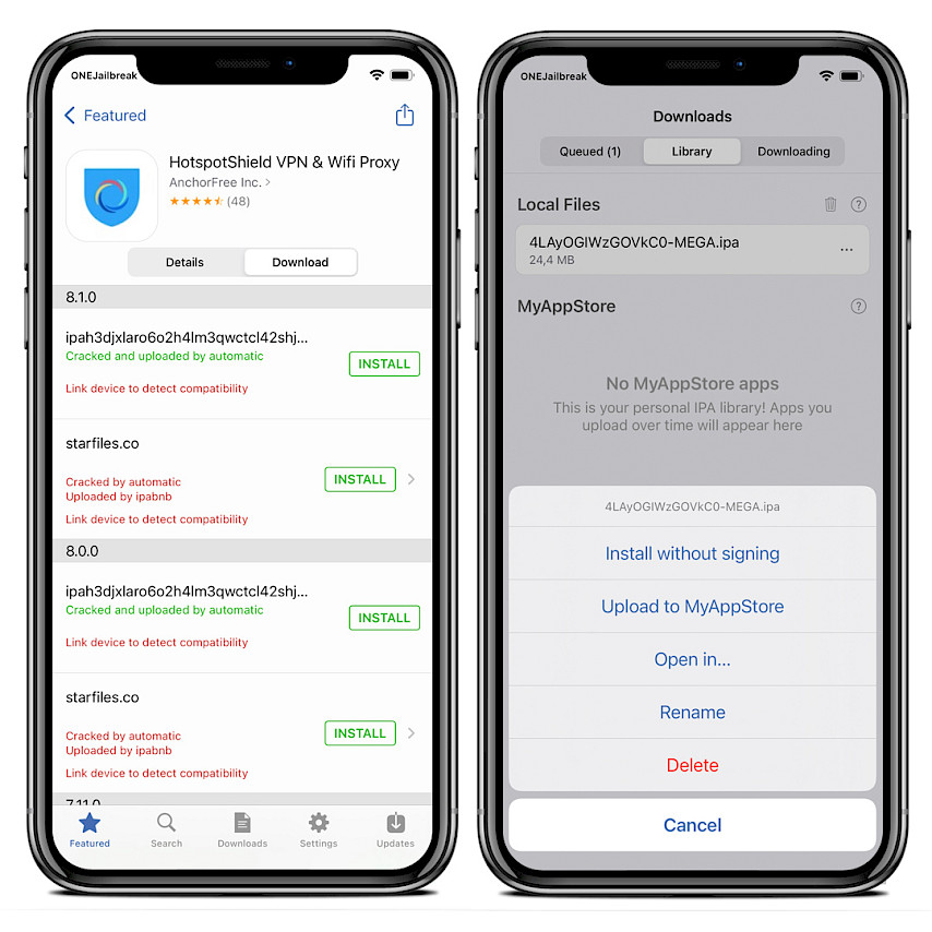 Zwei iPhone-Bildschirme zeigen die Installationsoptionen von Appdb für iOS IPA.