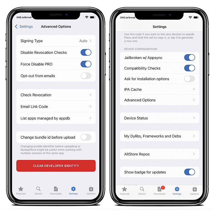 Twee iPhone-schermen met de Appdb-appinstellingen.