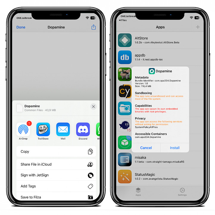 Installazione di Dopamine Jailbreak IPA con TrollStore.