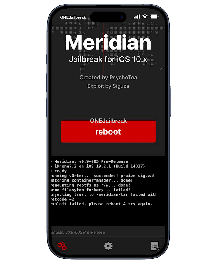 Captura de pantalla de la aplicación Meridian Jailbreka para iOS 10.x.