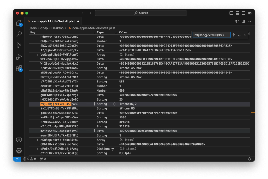 Rediger MobileGestalt-fil med Visual Studio Code og Property List Editor-udvidelsen.